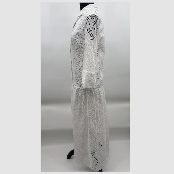 Zara Dress Women Medium White Eyelet 3/4 Sleeves Button Up Midi Cottage Boho - Picture 7 of 13